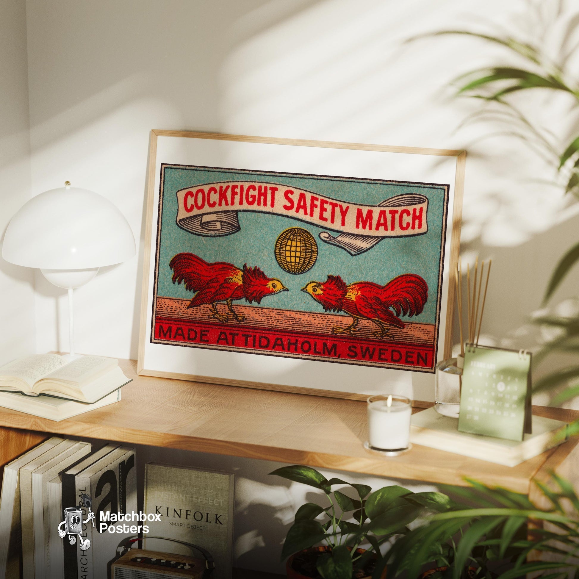 Fighting Roosters - vintage matchbox label print - office wall