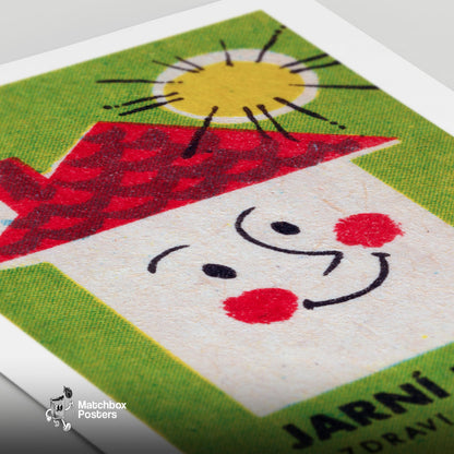 Stylized Smiling Face - vintage matchbox label print - close-up detail