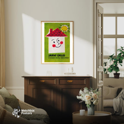 Stylized Smiling Face - vintage matchbox label print - living room mockup