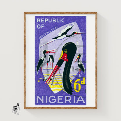 Saddle-Billed Stork Illustration Nigeria - vintage matchbox label print