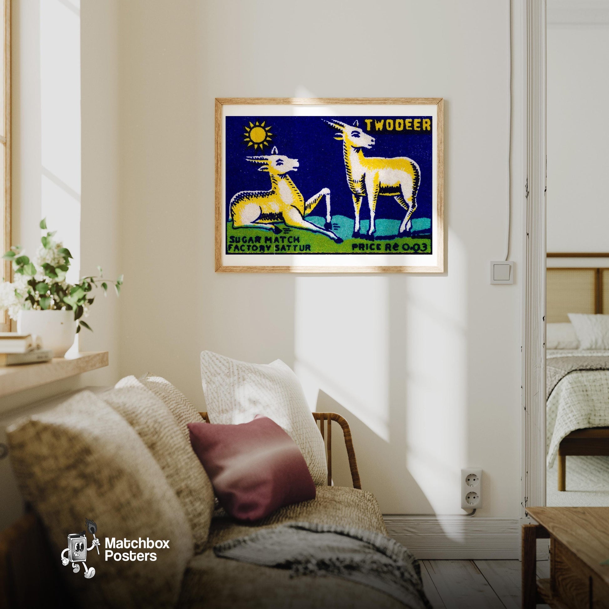 Two Golden Deer - vintage matchbox label print - living room mockup