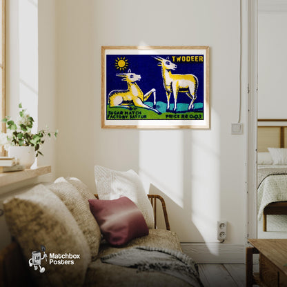 Two Golden Deer - vintage matchbox label print - living room mockup