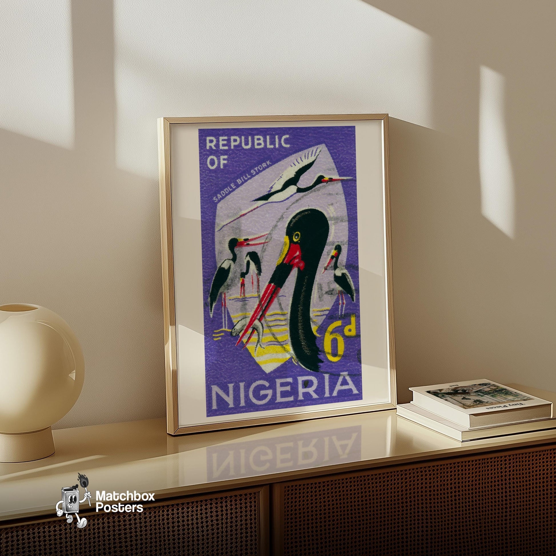 Saddle-Billed Stork Illustration Nigeria - vintage matchbox label print - size comparison