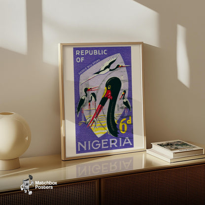 Saddle-Billed Stork Illustration Nigeria - vintage matchbox label print - size comparison