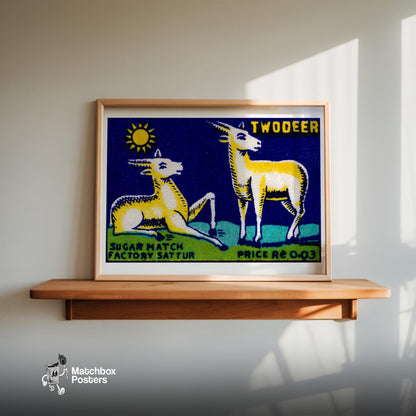 Two Golden Deer - vintage matchbox label print - size comparison