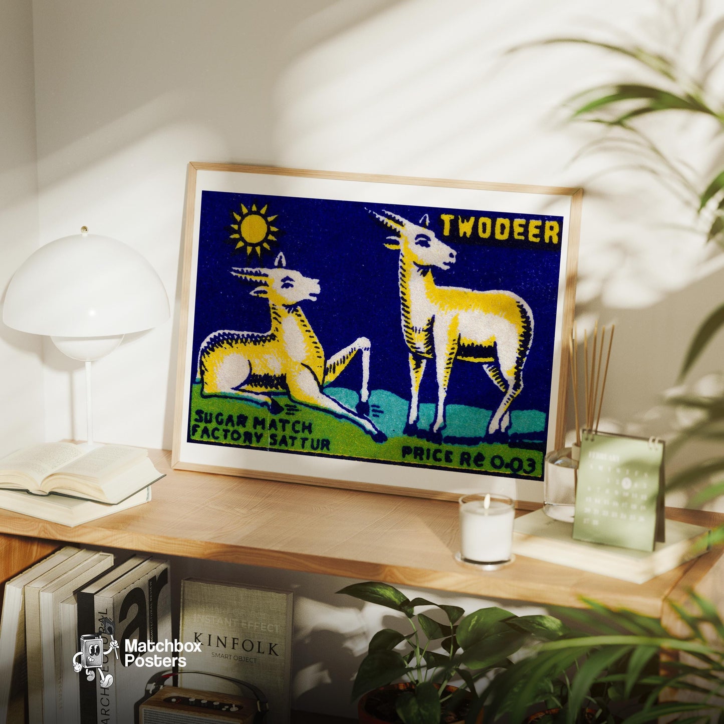 Two Golden Deer - vintage matchbox label print - office wall
