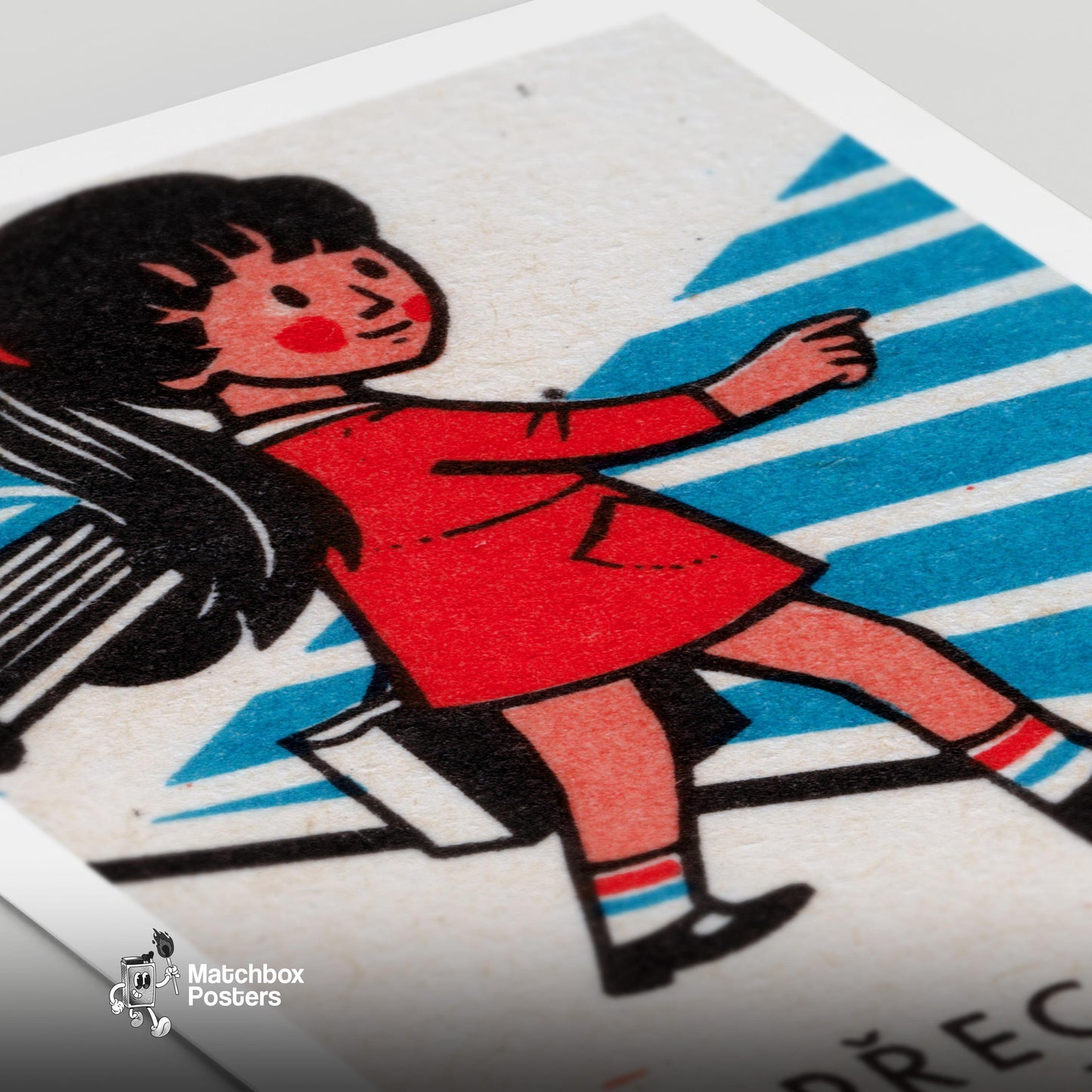 Girl Crossing Street - vintage matchbox label print - close-up detail