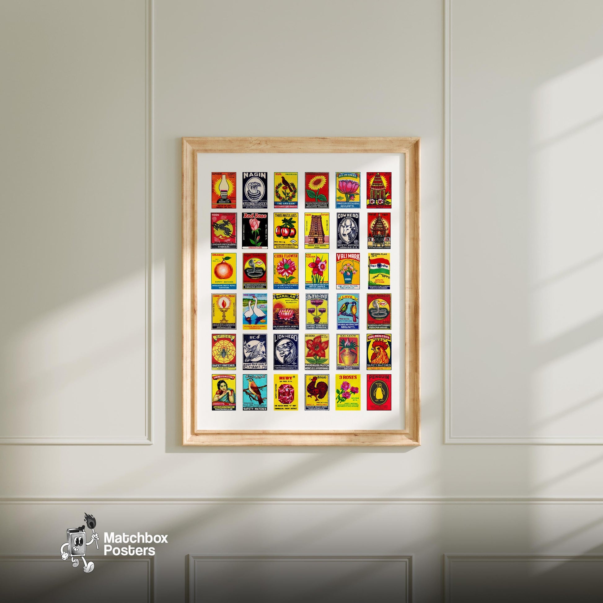 Tamil Collage Print - vintage matchbox label print - living room mockup