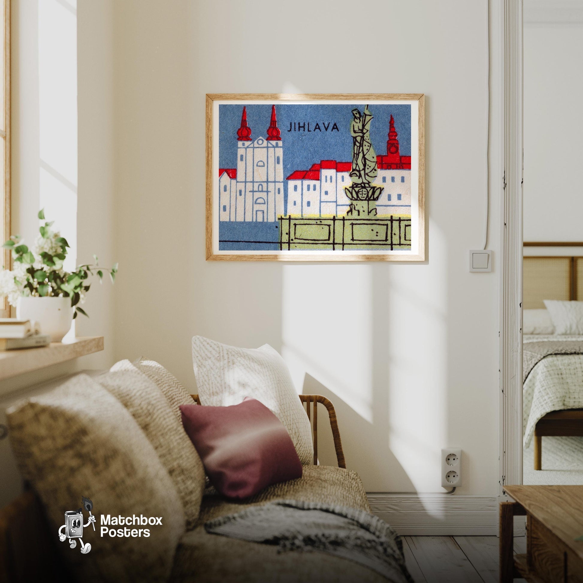 Jihlava City - vintage matchbox label print - living room mockup