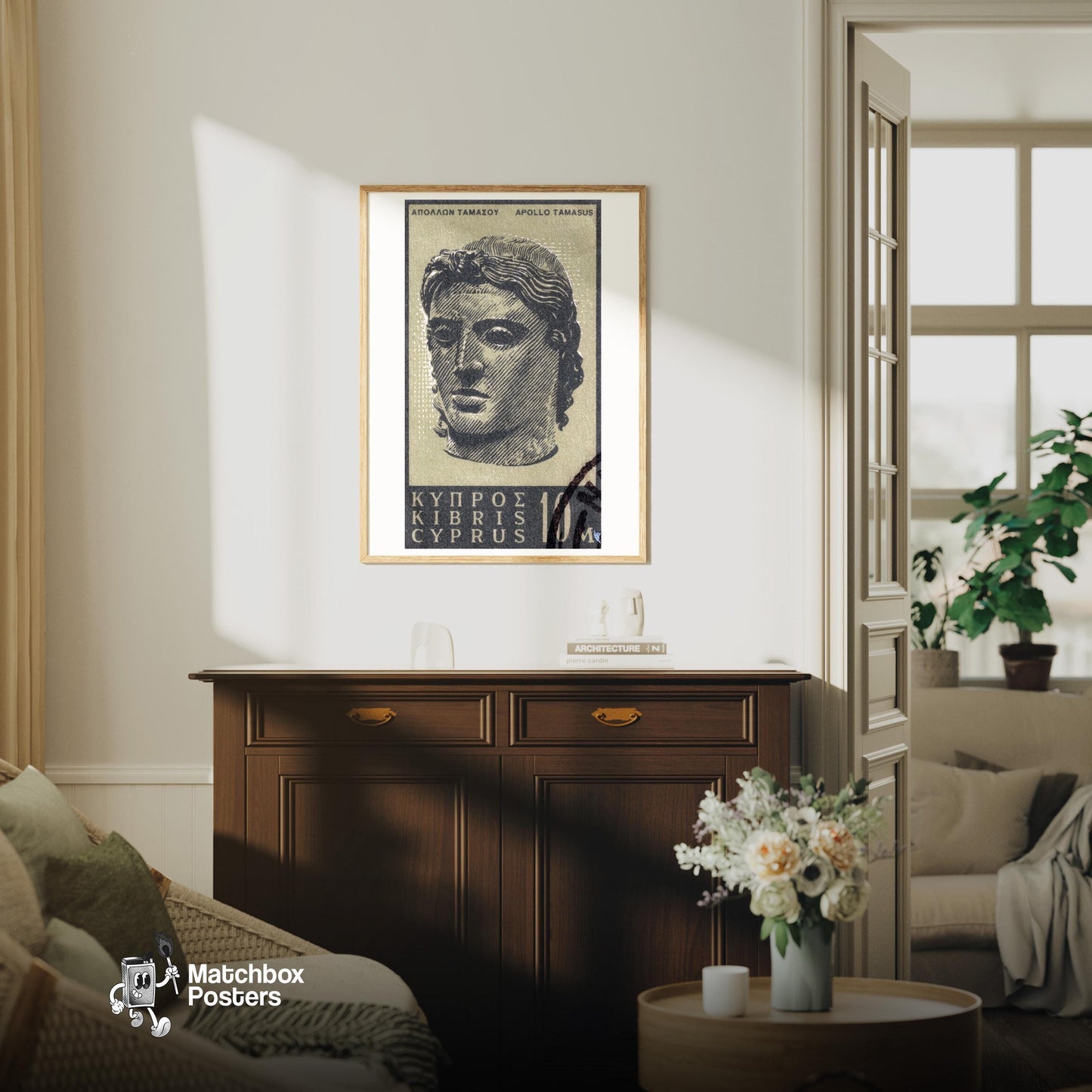 Statue of Apollo - vintage matchbox label print - living room mockup