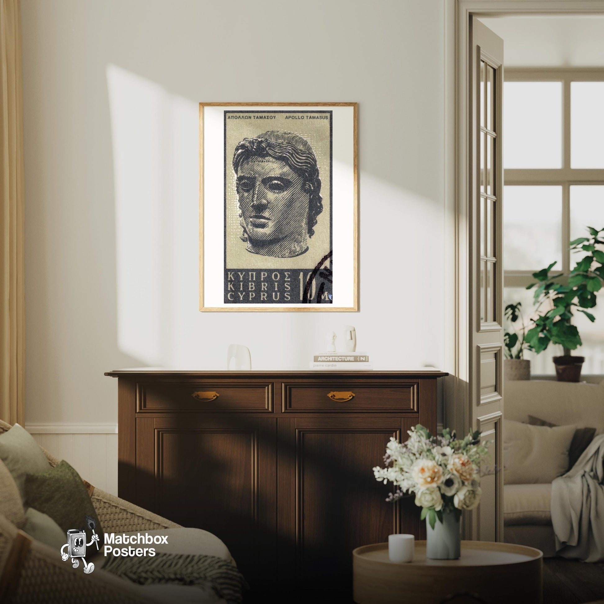 Statue of Apollo - vintage matchbox label print - living room mockup