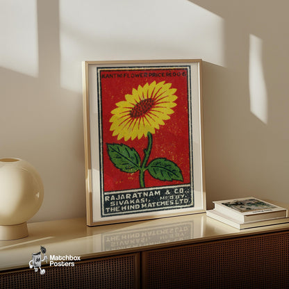 Yellow Flower - vintage matchbox label print - size comparison
