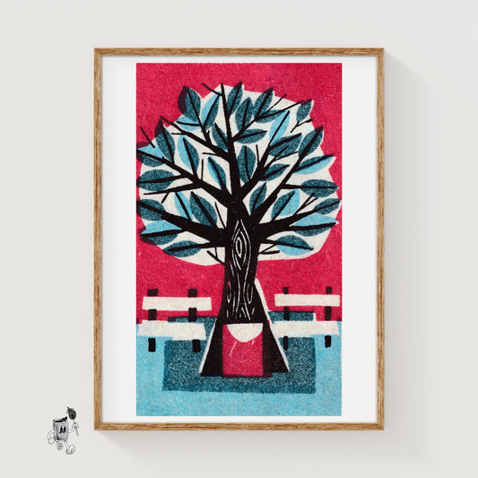 Tree with Park Benches - vintage matchbox label print