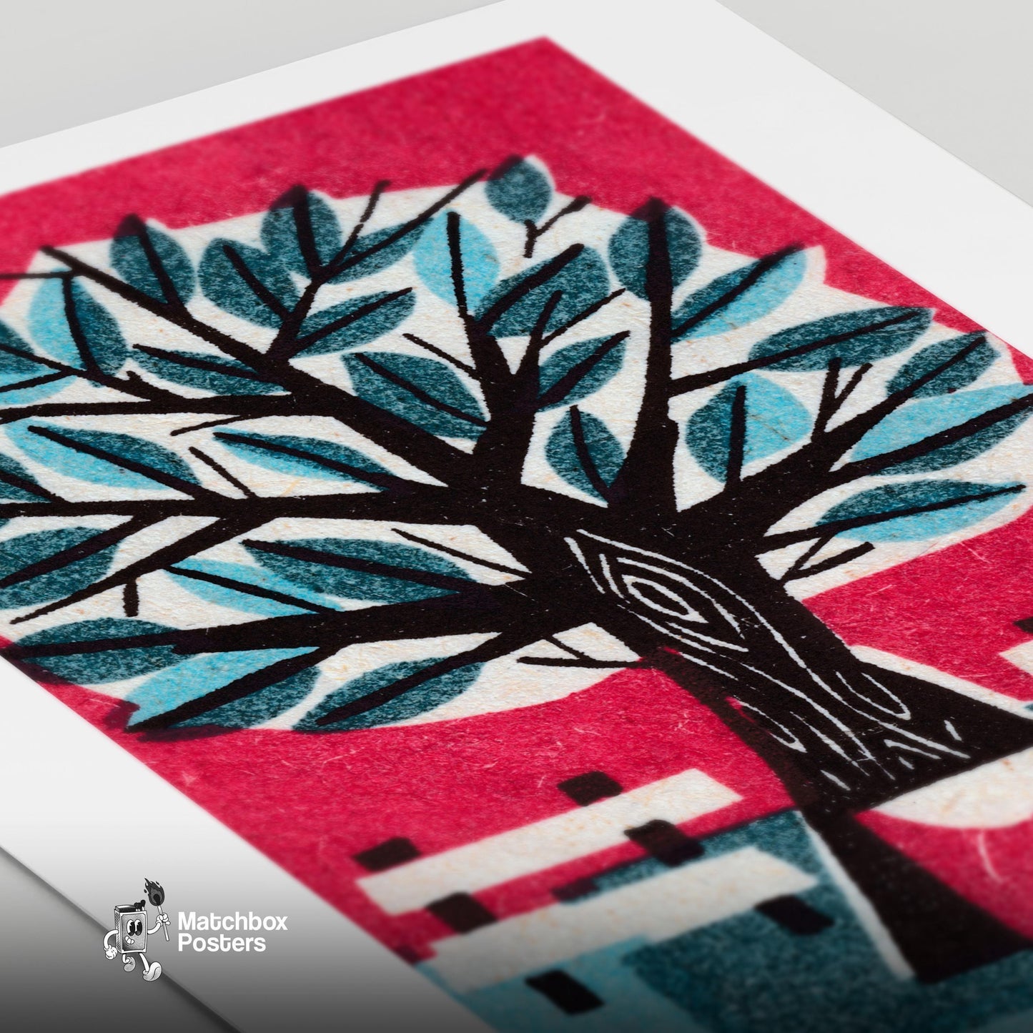 Tree with Park Benches - vintage matchbox label print - close-up detail