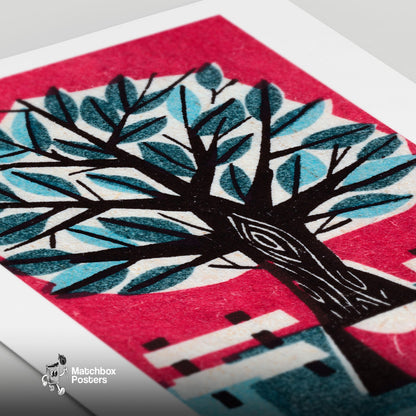 Tree with Park Benches - vintage matchbox label print - close-up detail