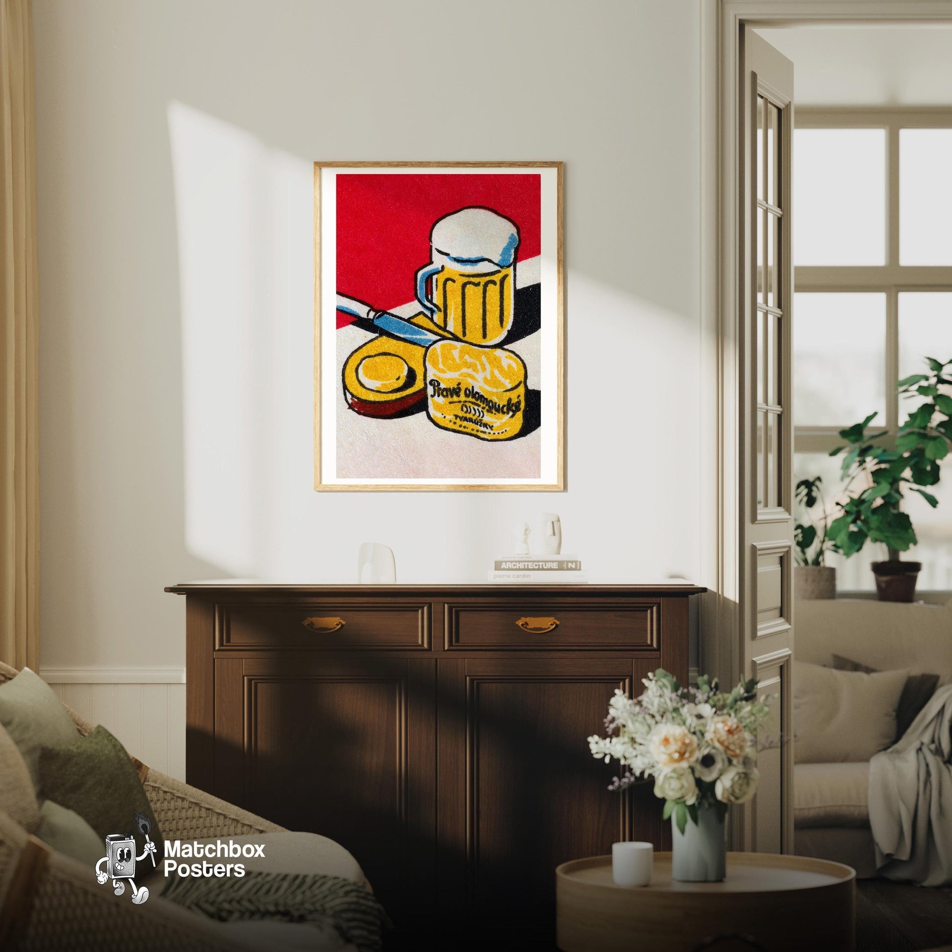 Beer Mug and Cheese - vintage matchbox label print - living room mockup