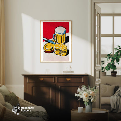 Beer Mug and Cheese - vintage matchbox label print - living room mockup
