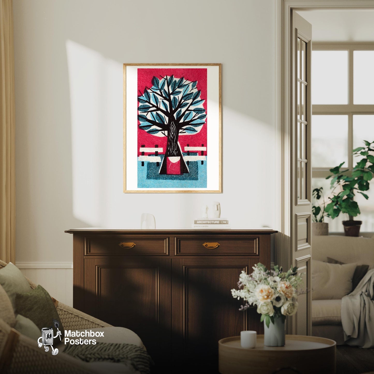 Tree with Park Benches - vintage matchbox label print - living room mockup