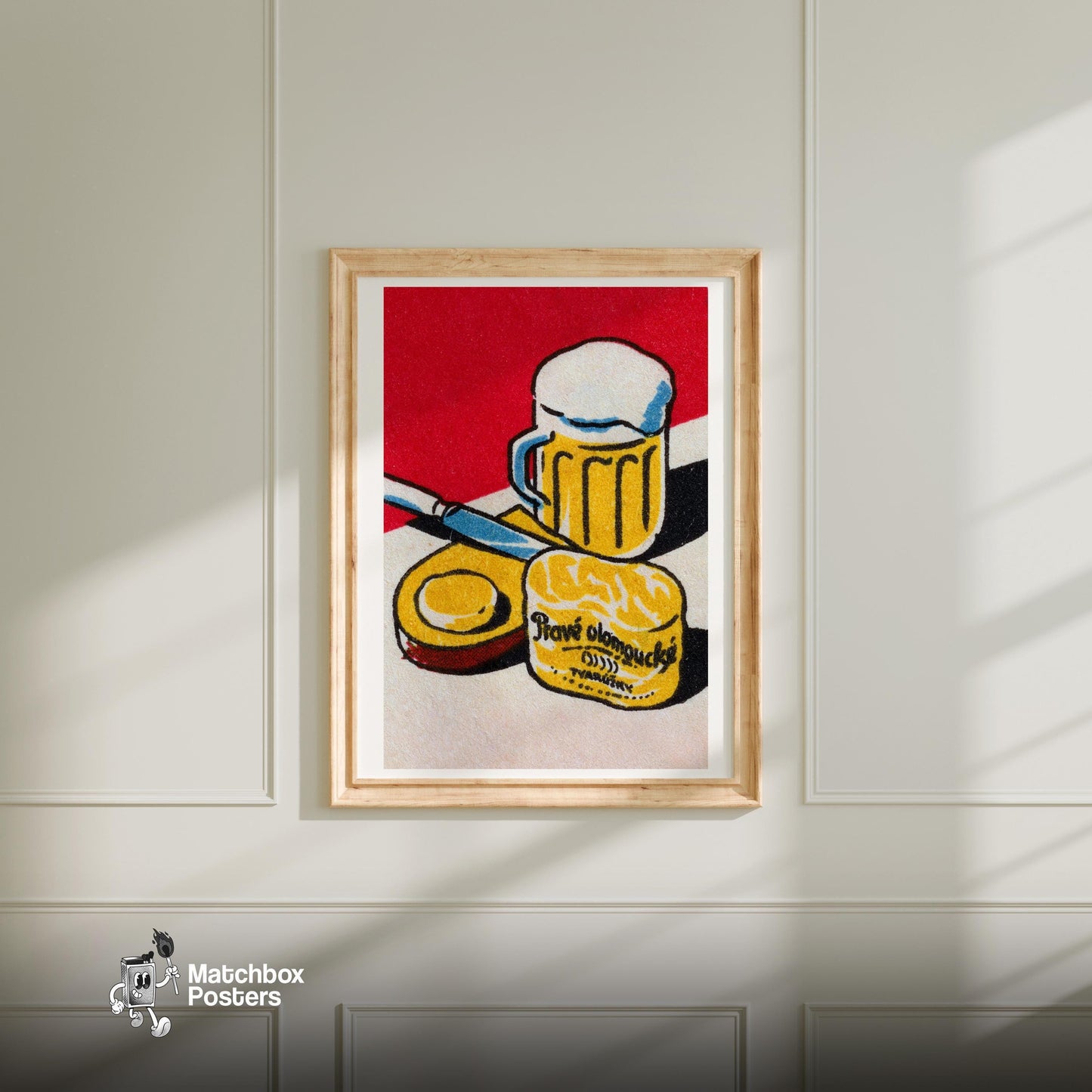 Beer Mug and Cheese - vintage matchbox label print - bedroom mockup