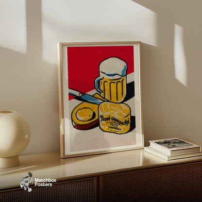 Beer Mug and Cheese - vintage matchbox label print - size comparison