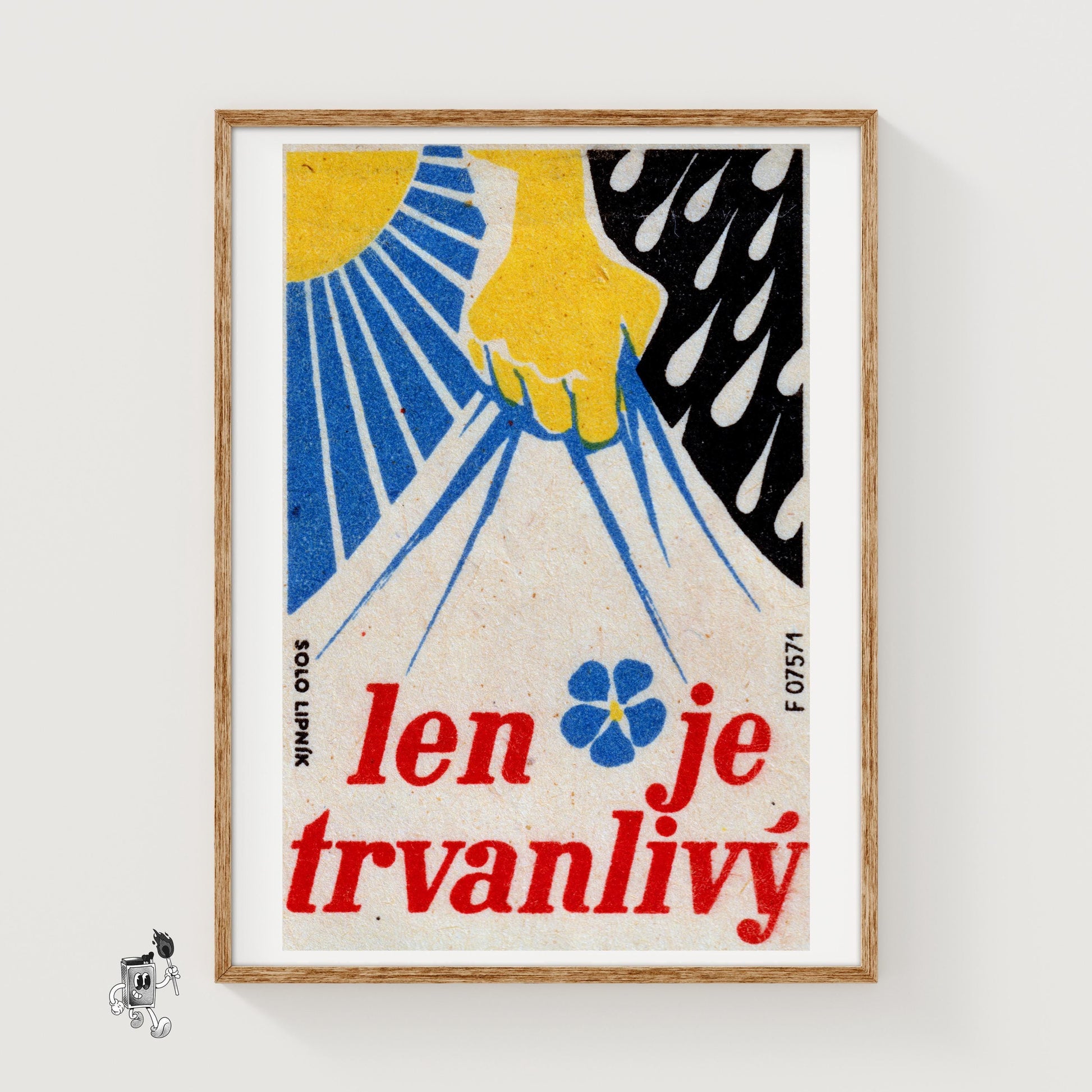 Yellow Hand Holding Blue Lightning - vintage matchbox label print
