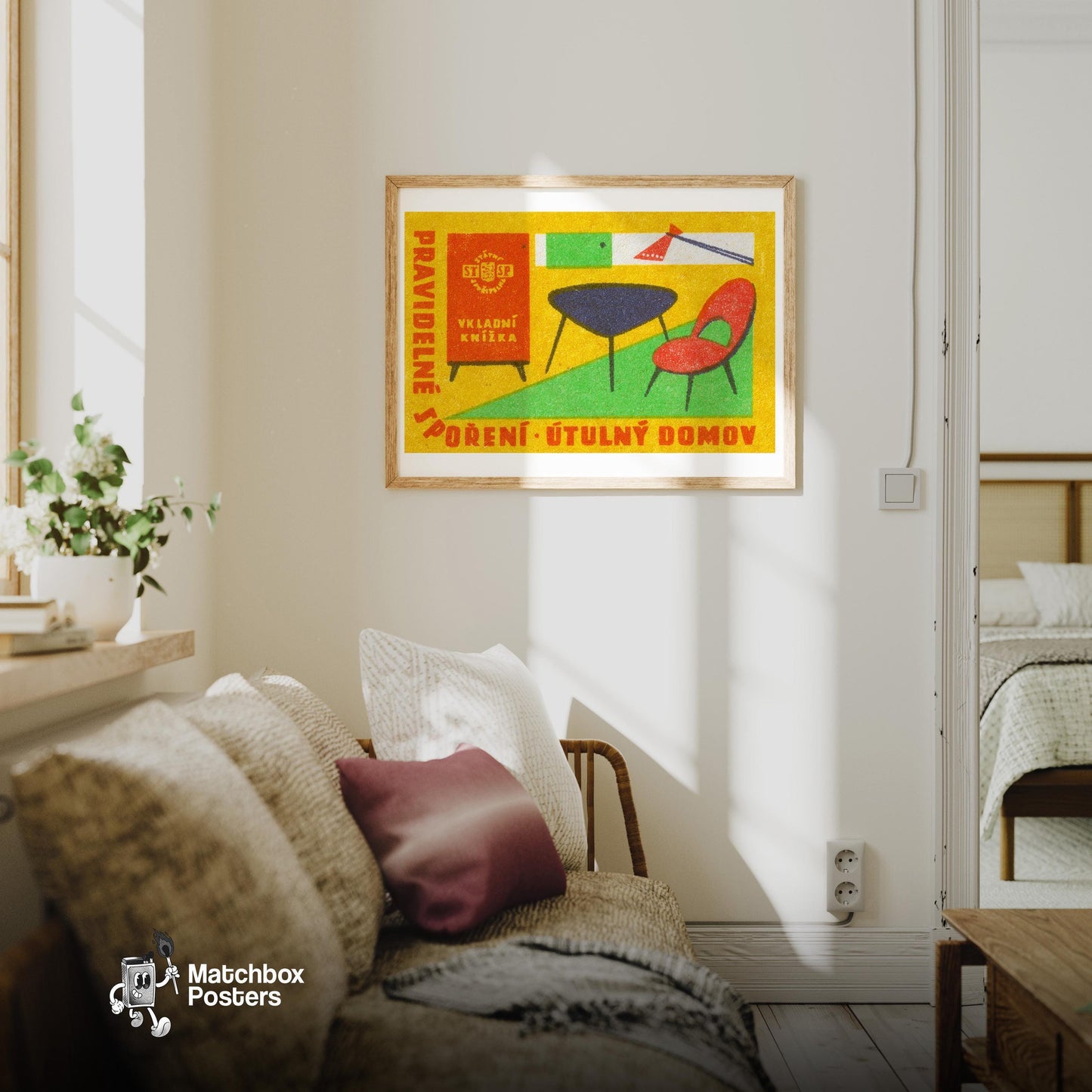 Modern Furniture - vintage matchbox label print - living room mockup