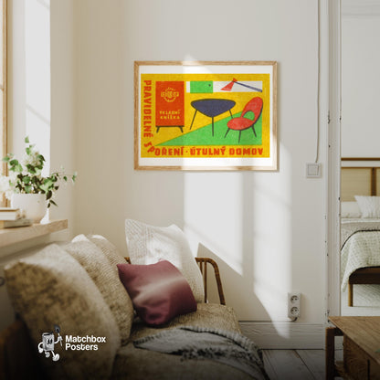 Modern Furniture - vintage matchbox label print - living room mockup