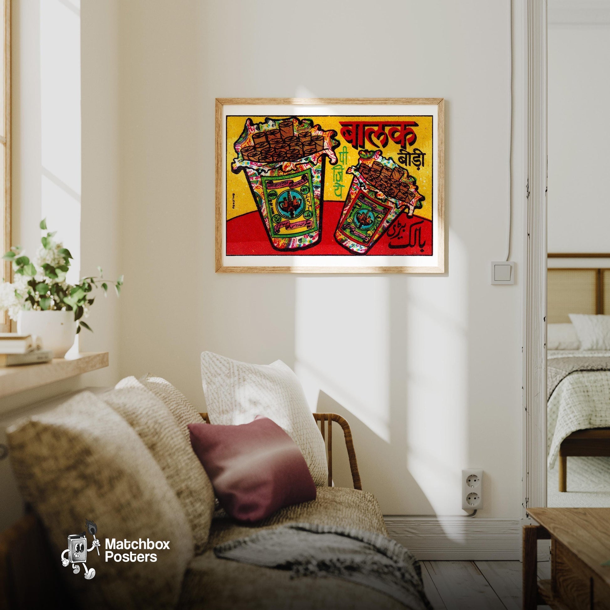 Indian Bidi Pack - vintage matchbox label print - living room mockup