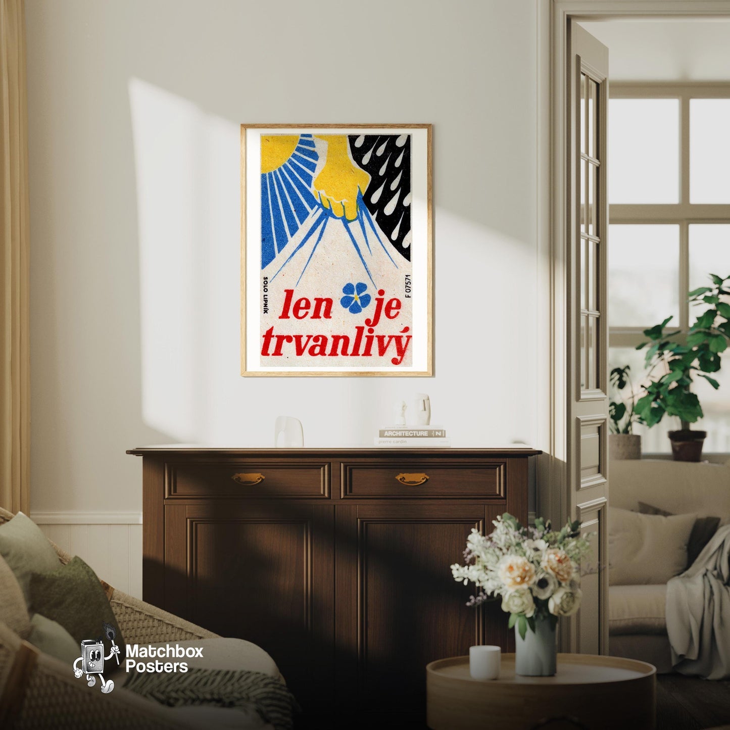Yellow Hand Holding Blue Lightning - vintage matchbox label print - living room mockup
