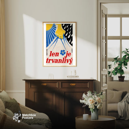 Yellow Hand Holding Blue Lightning - vintage matchbox label print - living room mockup