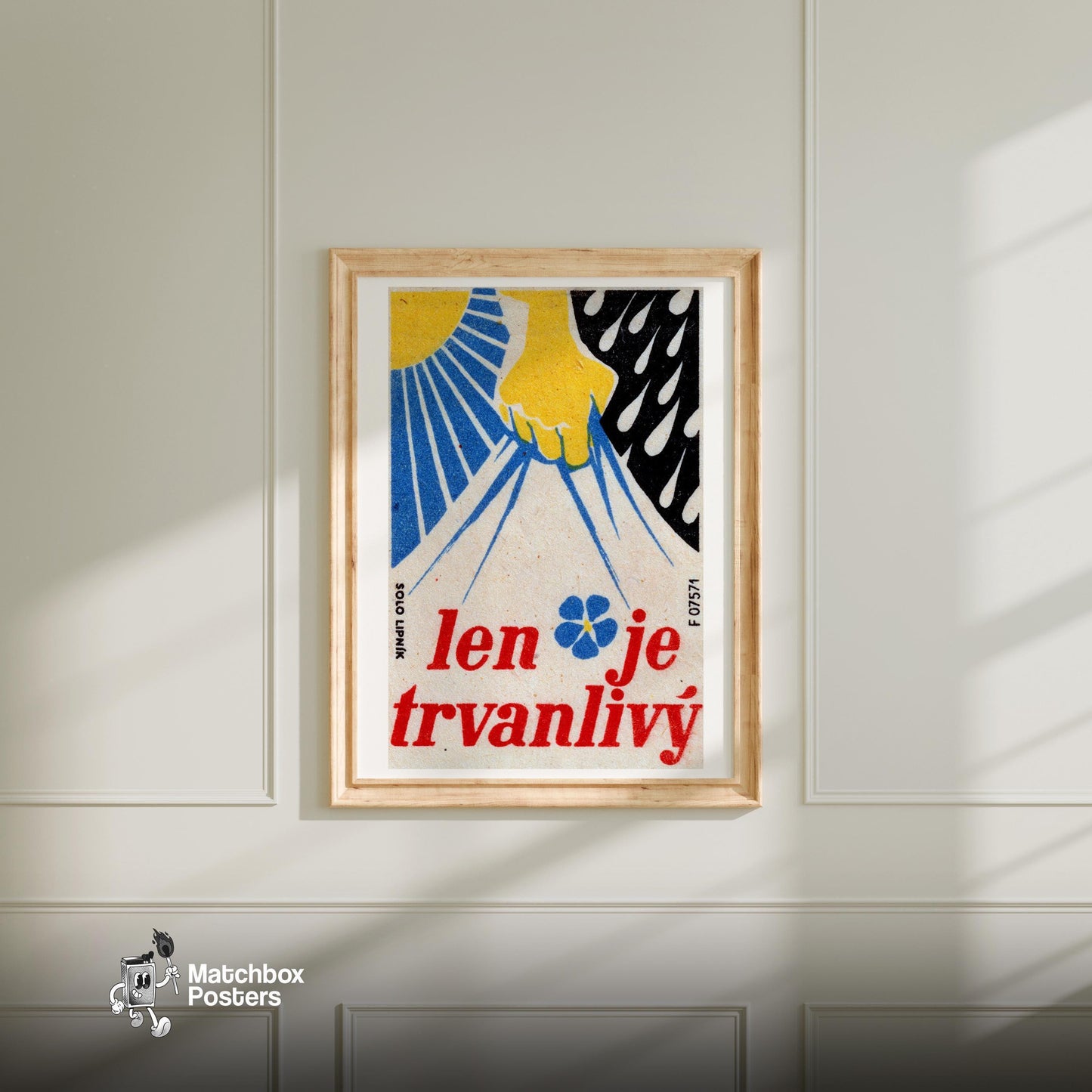 Yellow Hand Holding Blue Lightning - vintage matchbox label print - bedroom mockup
