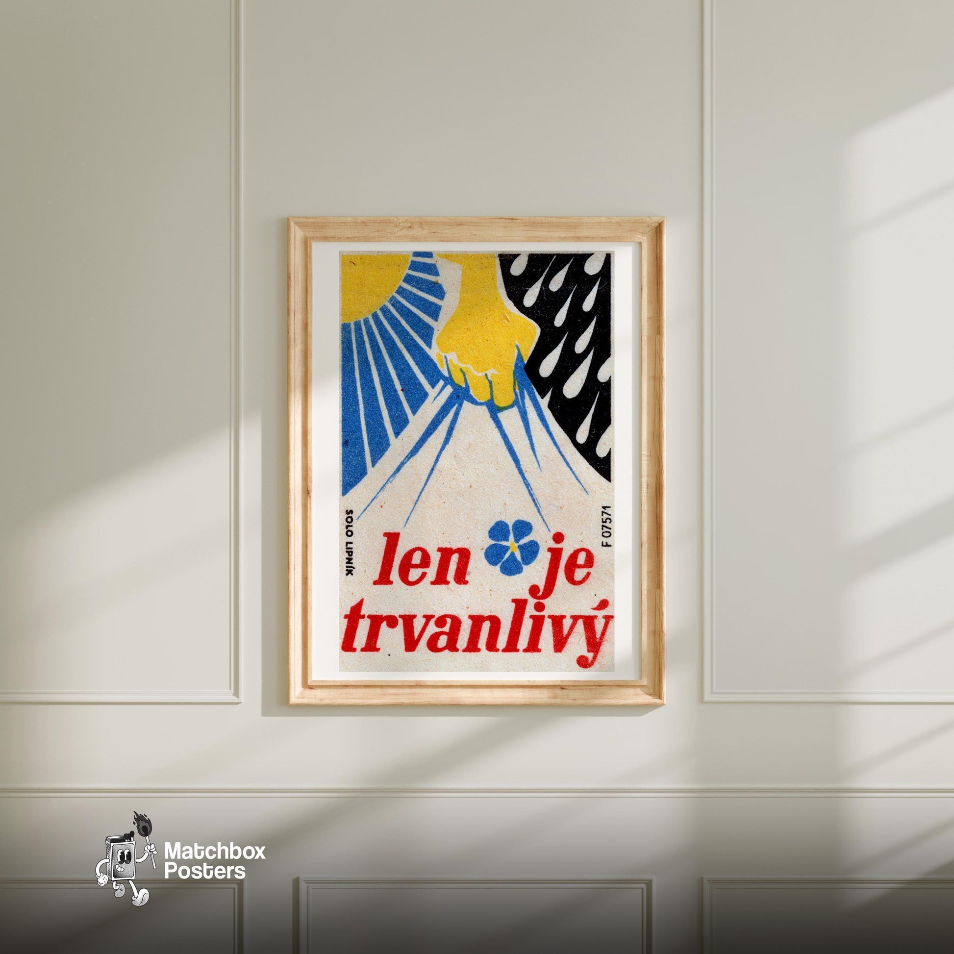 Yellow Hand Holding Blue Lightning - vintage matchbox label print - bedroom mockup