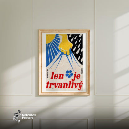 Yellow Hand Holding Blue Lightning - vintage matchbox label print - bedroom mockup