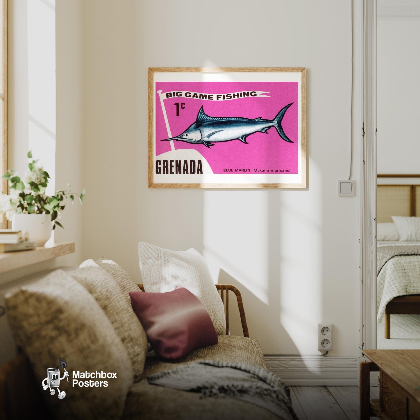 Blue Marlin - vintage matchbox label print - living room mockup