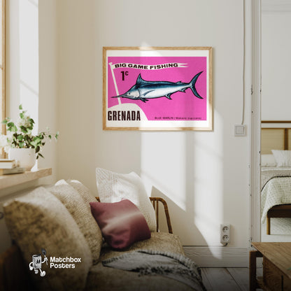 Blue Marlin - vintage matchbox label print - living room mockup