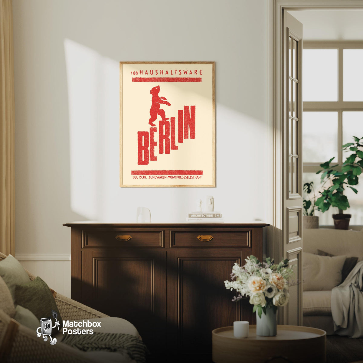 Red bear standing on the word 'BERLIN', a vintage matchbox label from Germany, framed and styled in a living room. Berlin Bear Vintage German Duotone Poster print