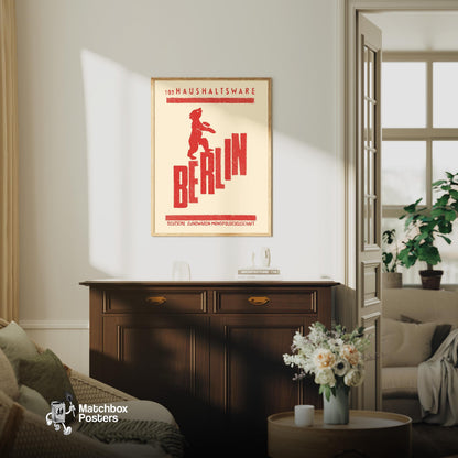 Red bear standing on the word 'BERLIN', a vintage matchbox label from Germany, framed and styled in a living room. Berlin Bear Vintage German Duotone Poster print