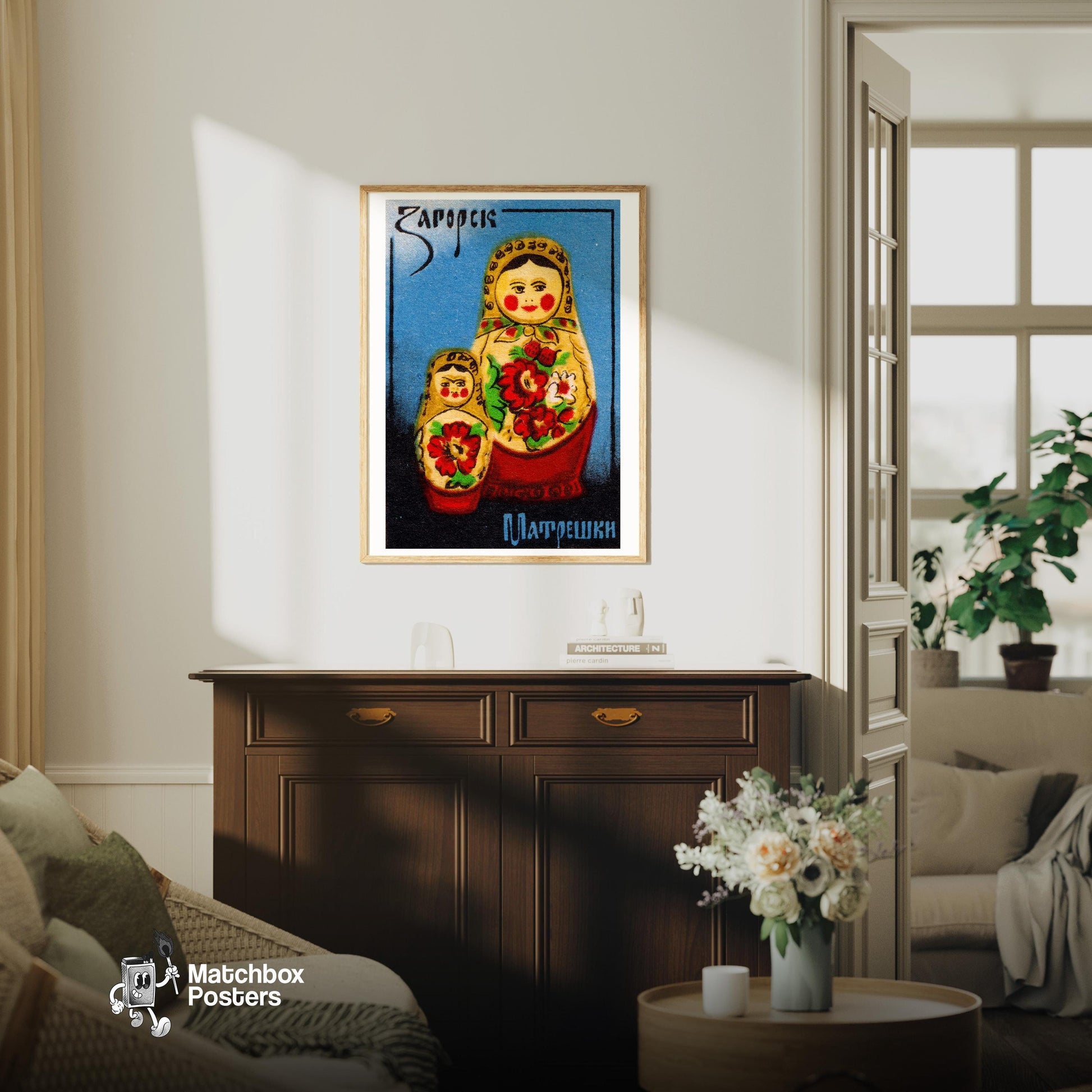 Babushka Doll - vintage matchbox label print - living room mockup