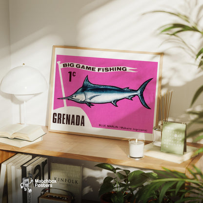 Blue Marlin - vintage matchbox label print - office wall