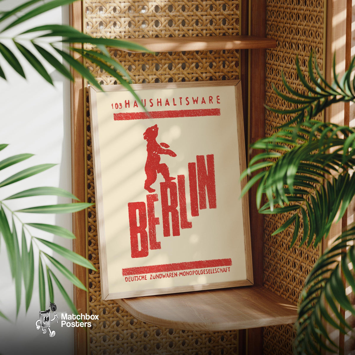 Red bear standing on the word 'BERLIN', a vintage matchbox label from Germany, framed and styled on a wooden shelf. Berlin Bear Vintage German Duotone Poster print