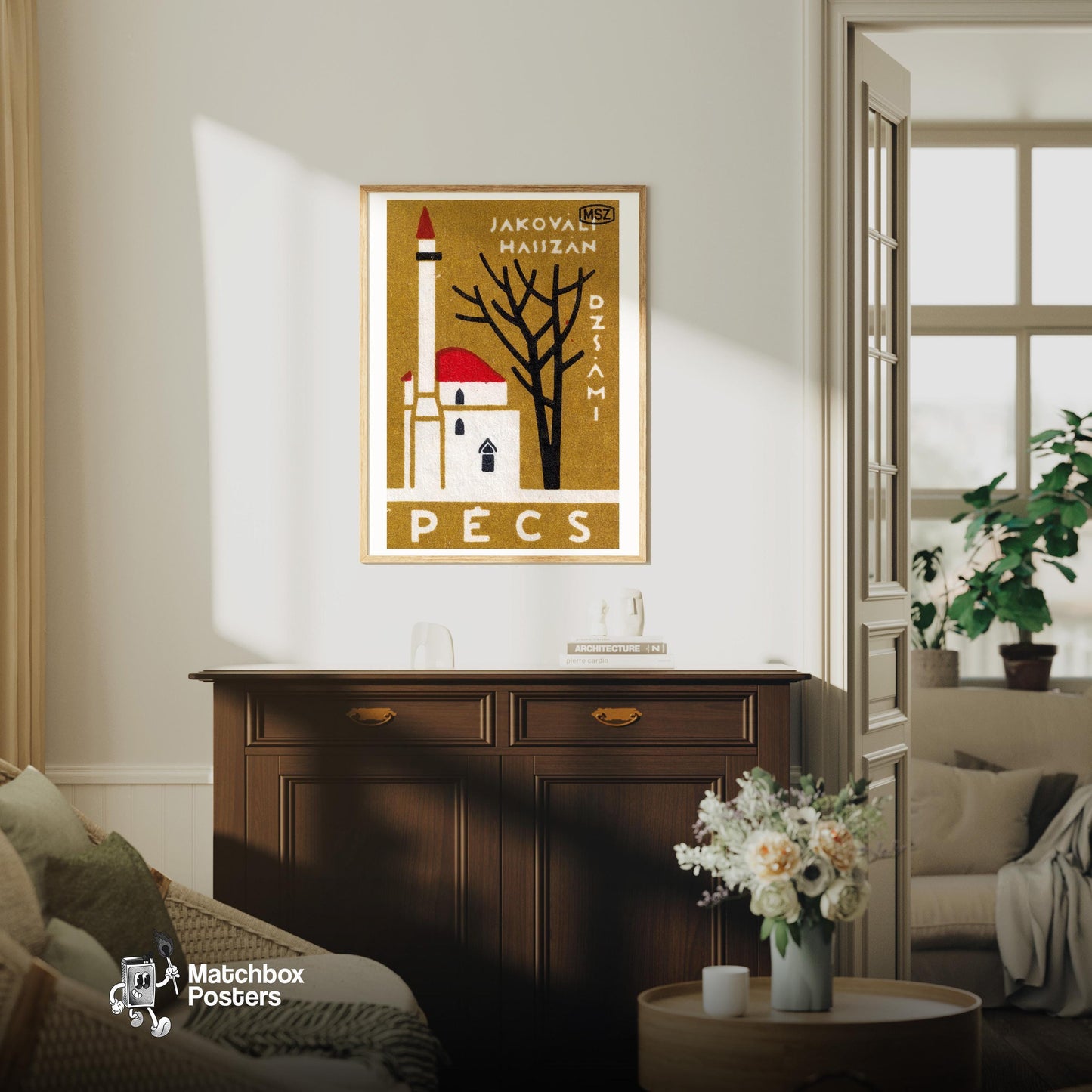 Pecs Church - vintage matchbox label print - living room mockup