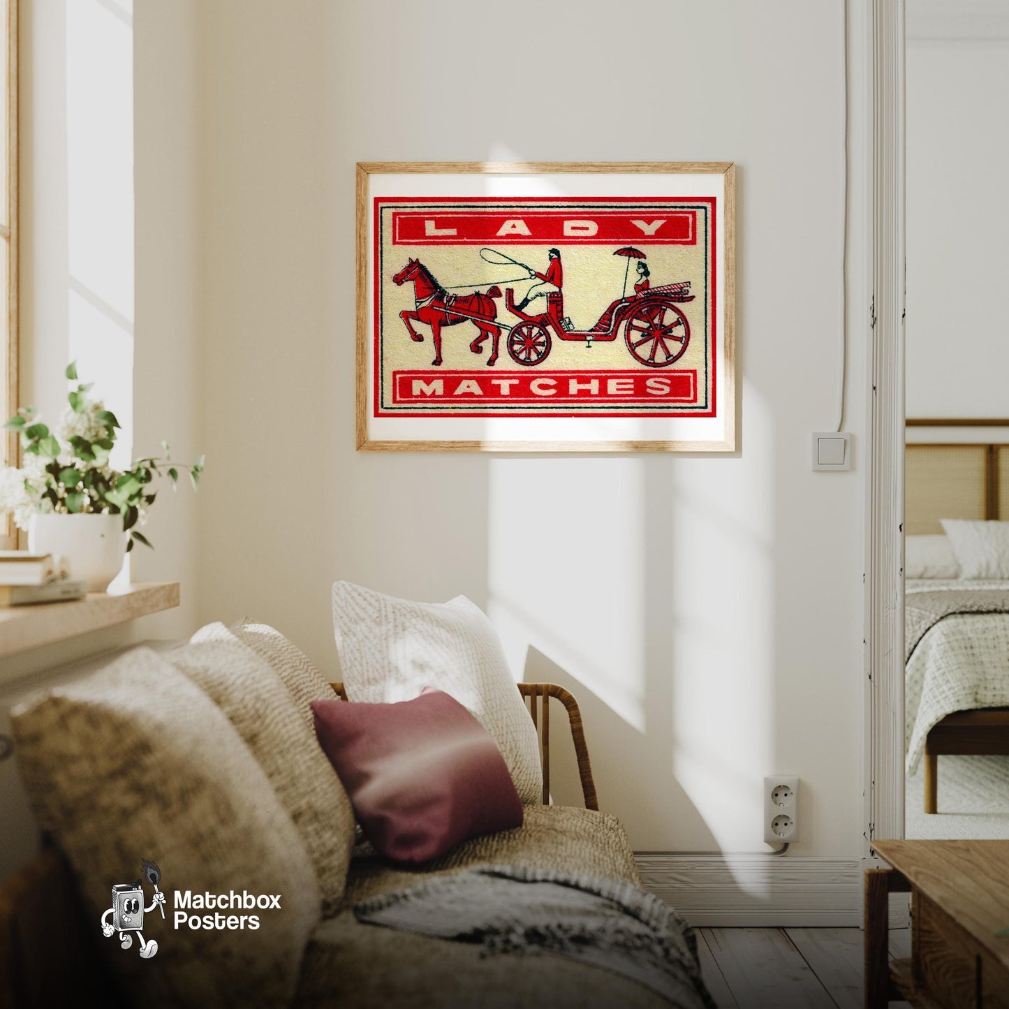 Horse and Carriage - vintage matchbox label print - living room mockup