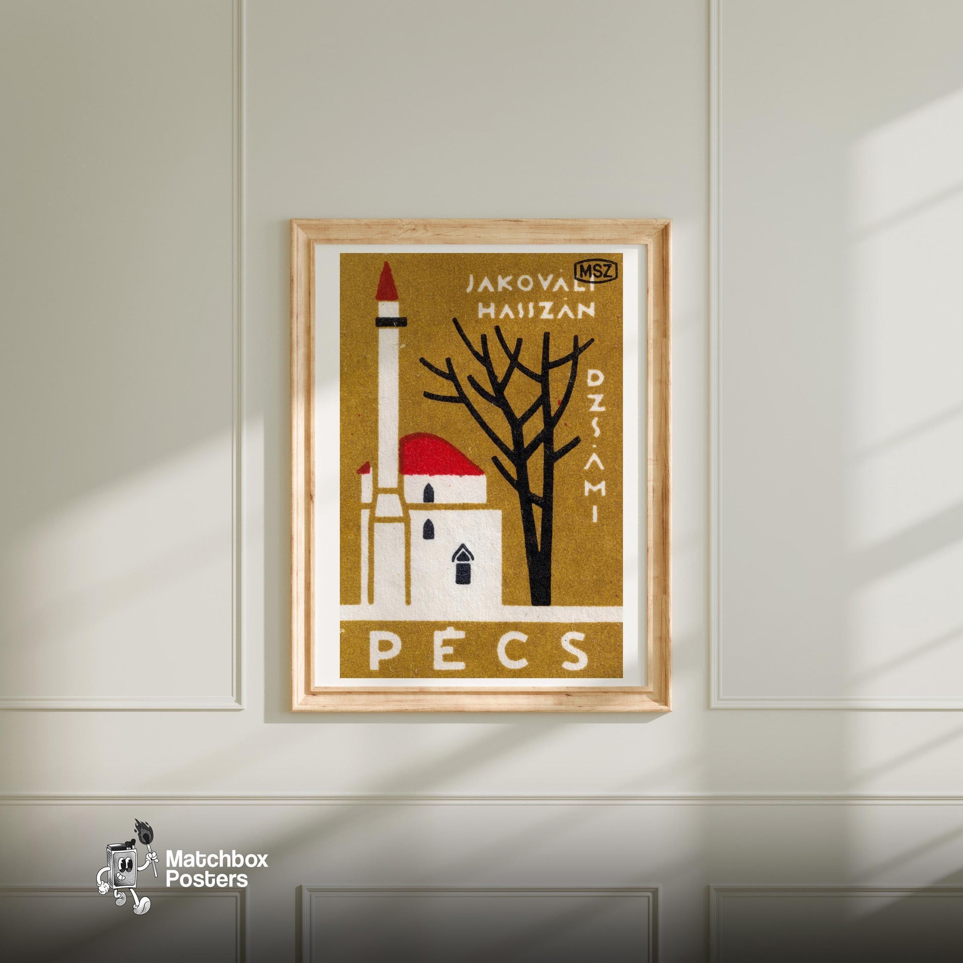 Pecs Church - vintage matchbox label print - bedroom mockup