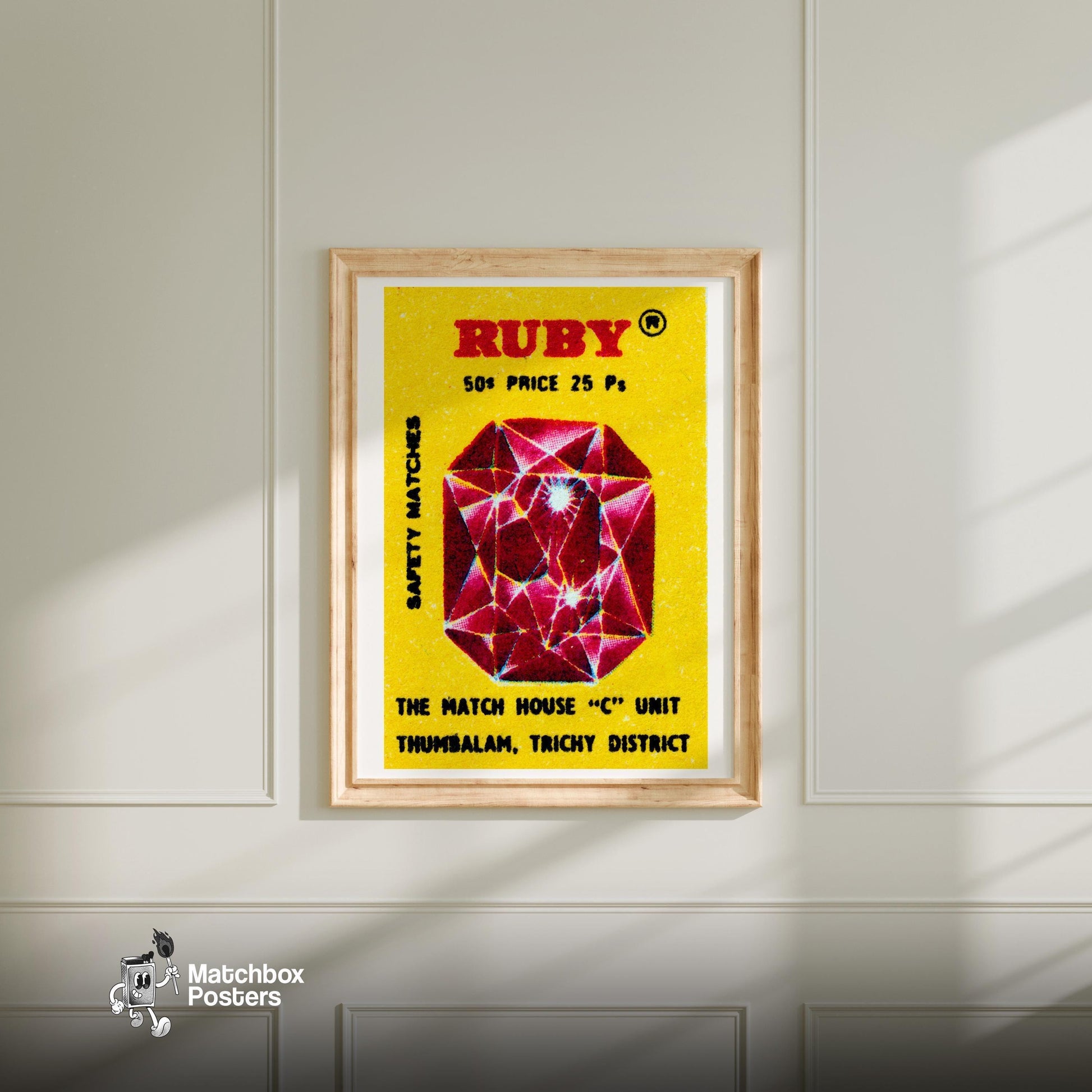 Ruby Gem - vintage matchbox label print - bedroom mockup