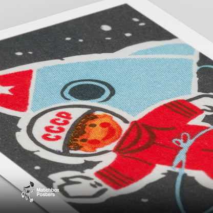 Soviet Child Astronaut - vintage matchbox label print - close-up detail