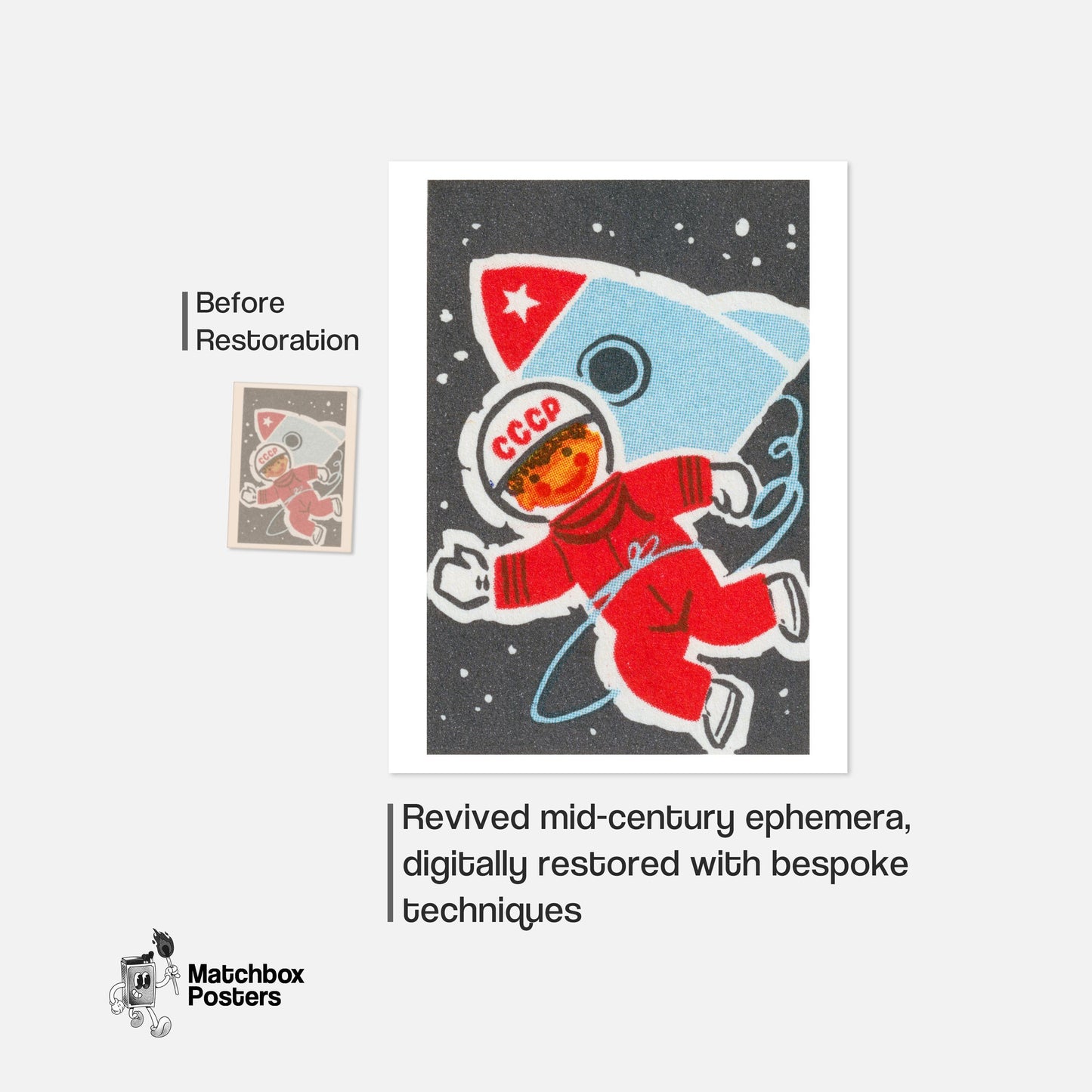 Soviet Child Astronaut - vintage matchbox label print - framed wall art preview
