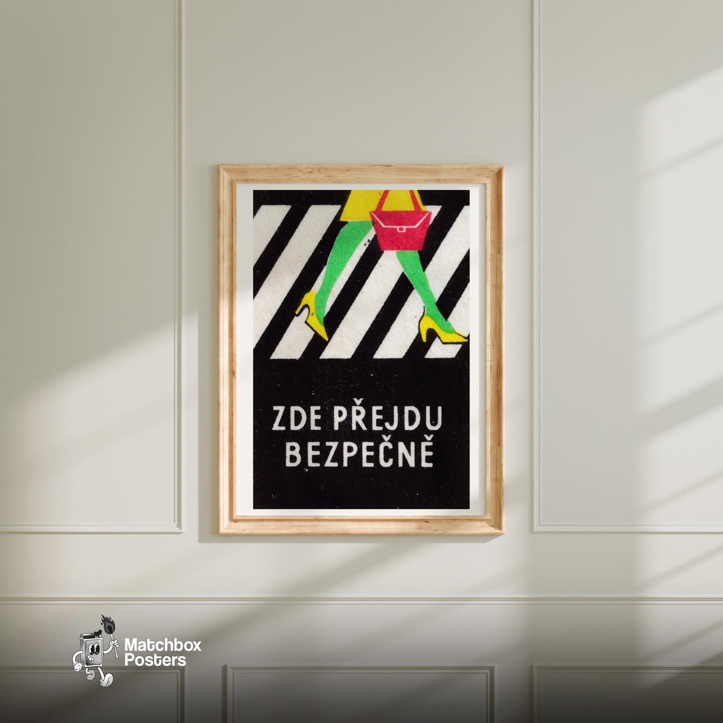 Cross Road Safely - vintage matchbox label print - bedroom mockup