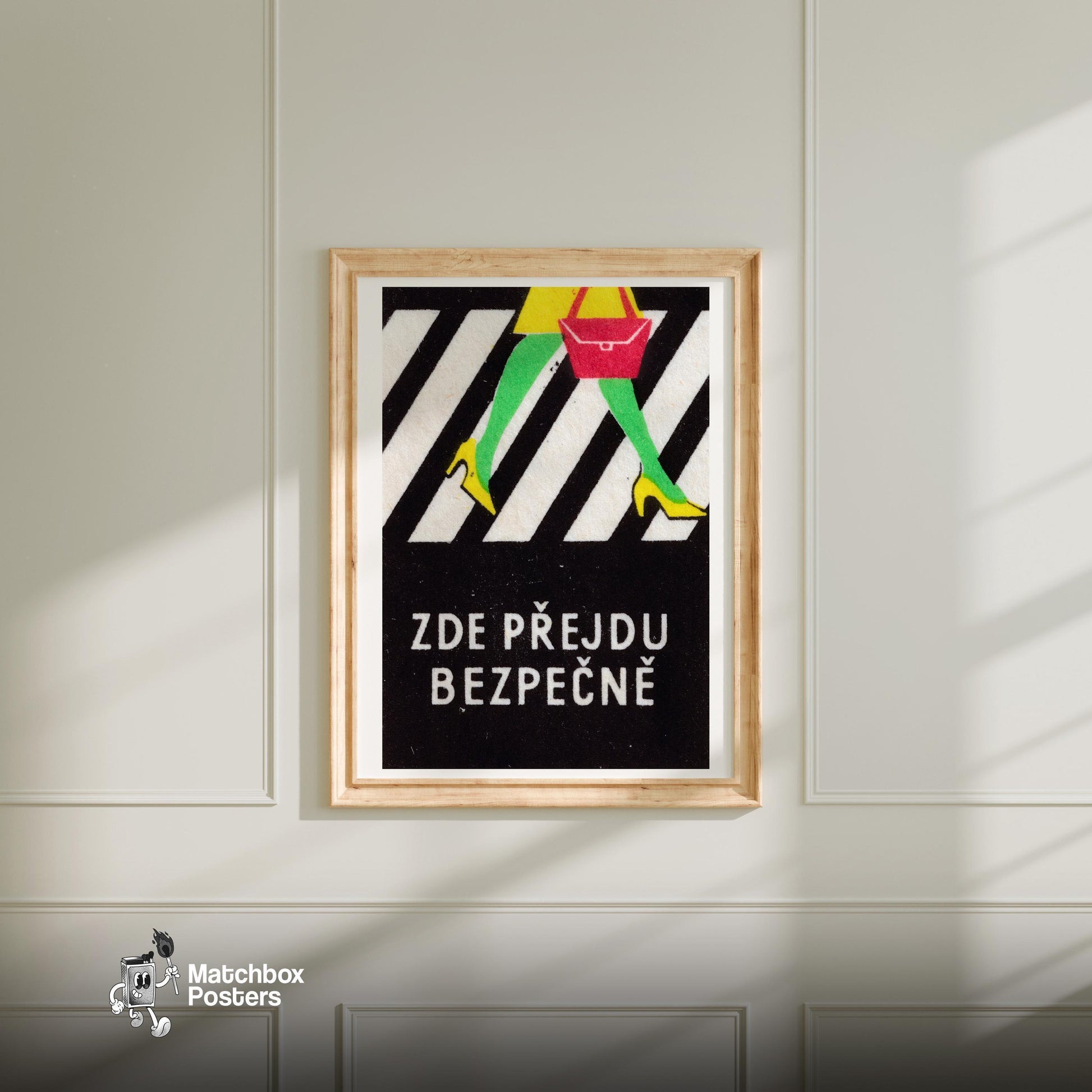 Cross Road Safely - vintage matchbox label print - bedroom mockup