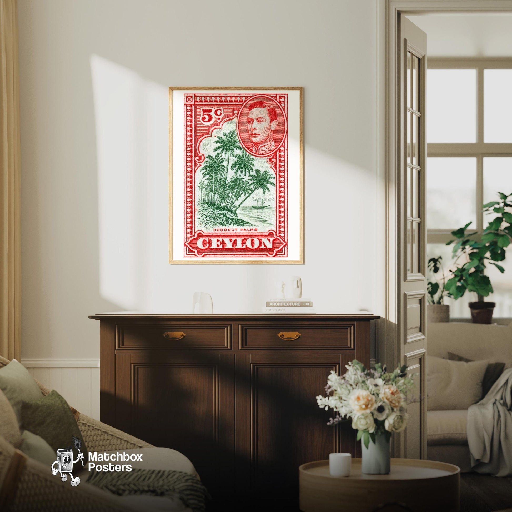 Coconut Palms - vintage matchbox label print - living room mockup