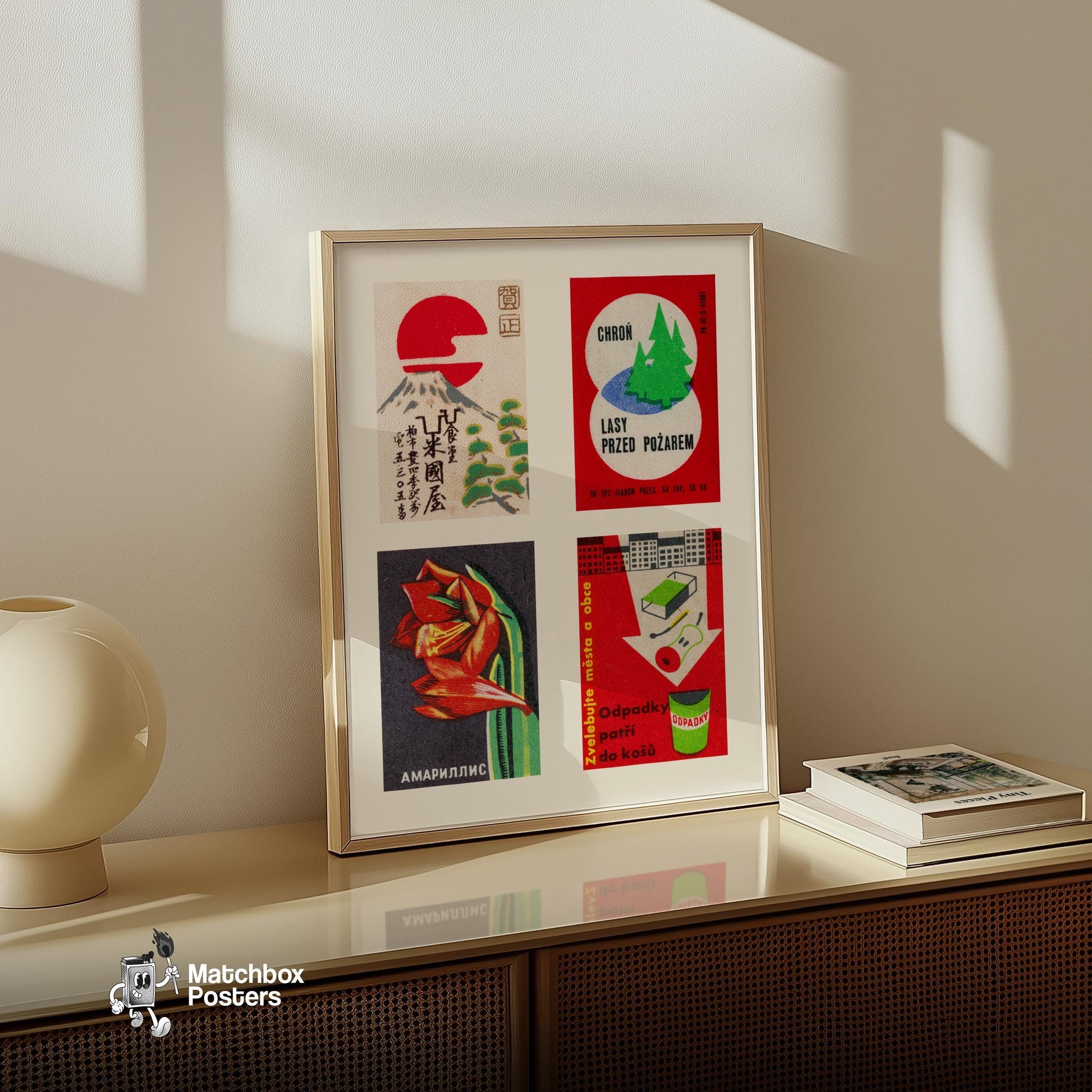 Four Vintages - vintage matchbox label print - bedroom mockup